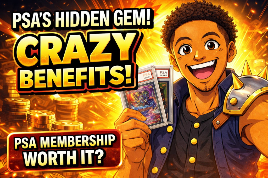 Anime collector holding PSA graded cards with text PSA Hidden Gem Crazy Benefits and PSA membership worth it
