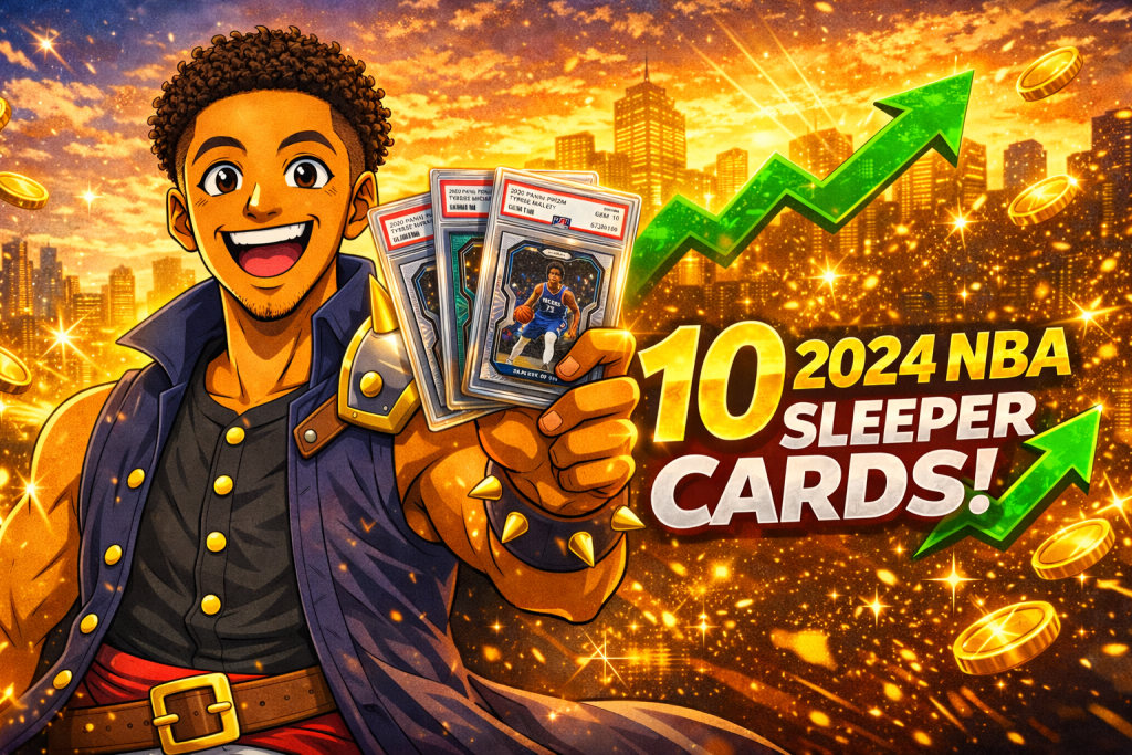 Anime collector holding graded basketball cards with text 10 2024 NBA sleeper cards