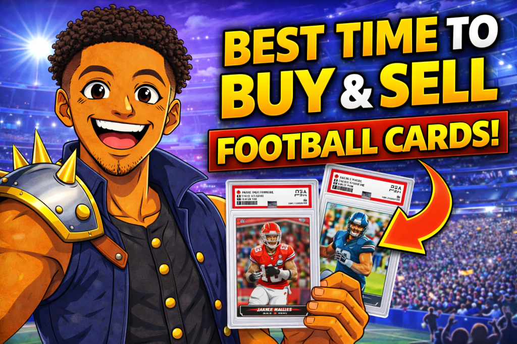 Best time to buy and sell football cards thumbnail with anime collector holding graded cards in stadium background