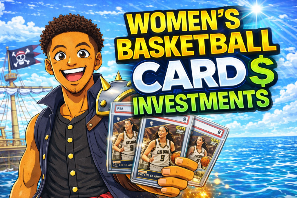 Anime-style collector holding graded women’s basketball cards with bold text women’s basketball card investment
