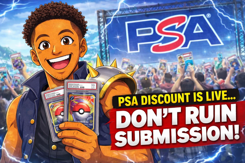 PSA March Madness grading discount thumbnail showing anime-style collector holding graded cards with warning about submission mistakes