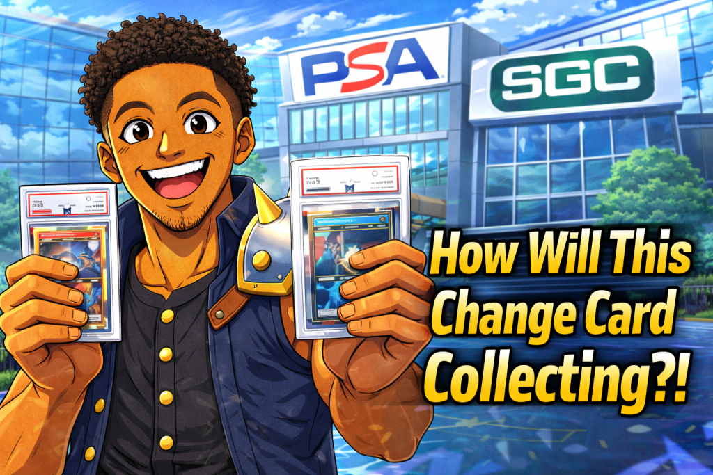 Anime-style collector holding PSA and SGC graded cards with bold text asking how the acquisition will change card collecting