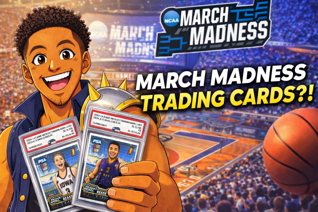 Anime-style young male collector holding graded March Madness trading cards with NCAA basketball arena background