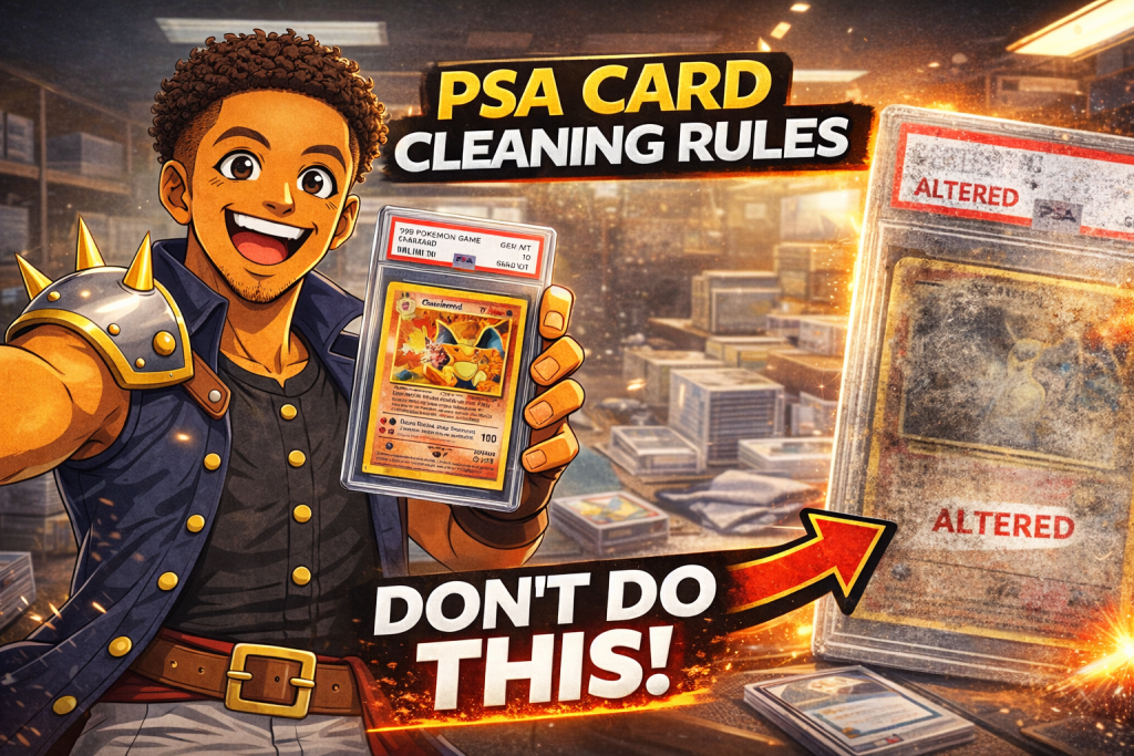 PSA card cleaning rules illustrated with anime collector holding graded card next to altered PSA slab warning