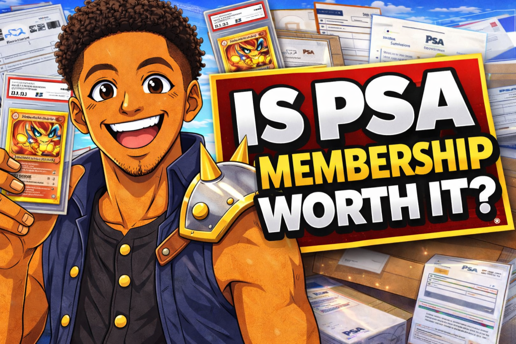 PSA membership value thumbnail showing smiling collector holding graded cards with bold text asking if PSA membership is worth it