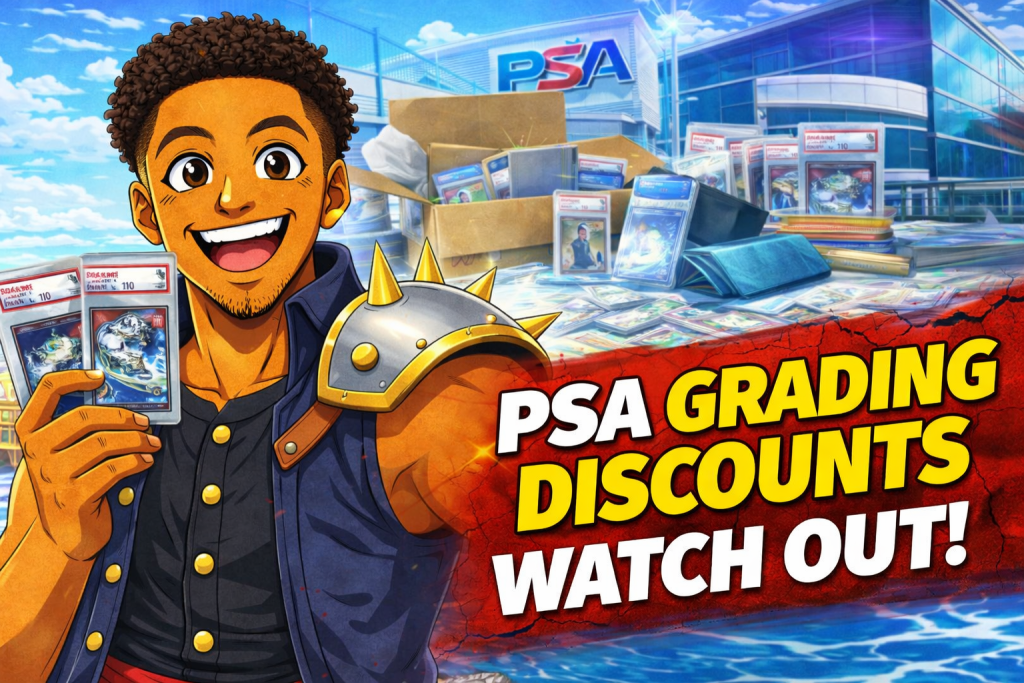 PSA grading discounts April 2024 thumbnail showing anime collector holding graded cards with warning text about submission risks