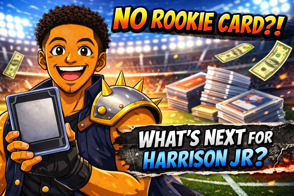 Marvin Harrison Jr trading cards thumbnail showing anime character holding blank card with stadium background and bold no rookie card text