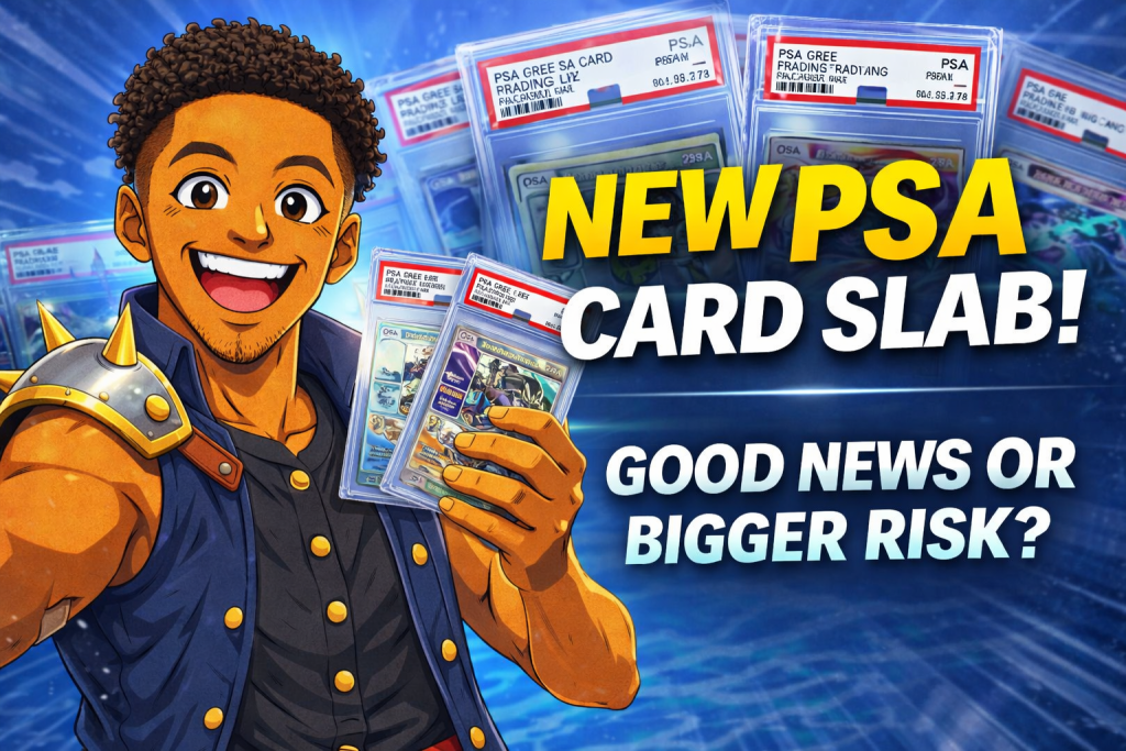Anime collector holding PSA card slab showcasing new PSA card slab upgrade with bold text about protection and risk