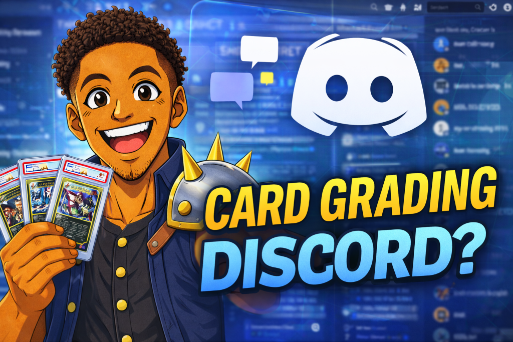 Anime style collector holding graded cards in a card grading Discord community thumbnail with Discord background