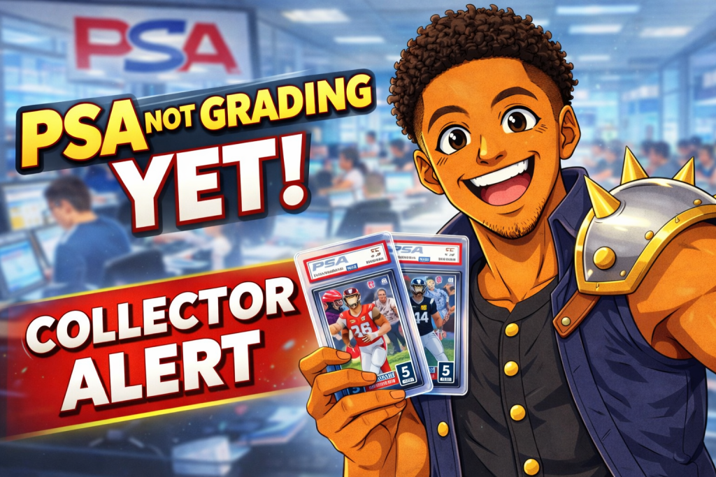 Anime collector holding graded cards during PSA Donruss Optic Football grading update showing PSA not grading yet alert