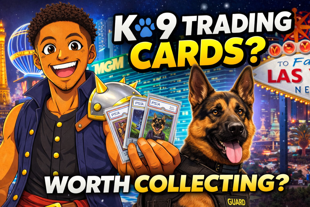 Anime collector holding K9 trading cards with Las Vegas background and security dog