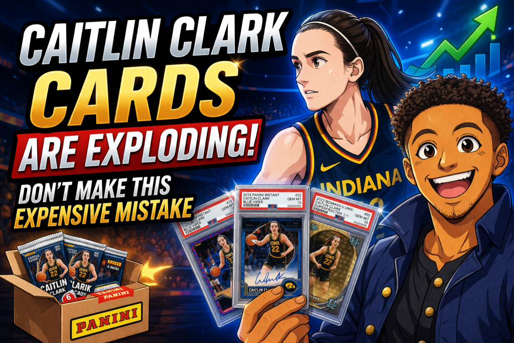 Caitlin Clark cards thumbnail showing anime collector holding graded cards with rising value chart