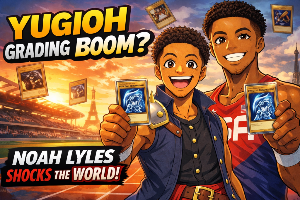 YuGiOh grading thumbnail showing Noah Lyles and anime collector holding Blue-Eyes White Dragon card at Olympic stadium