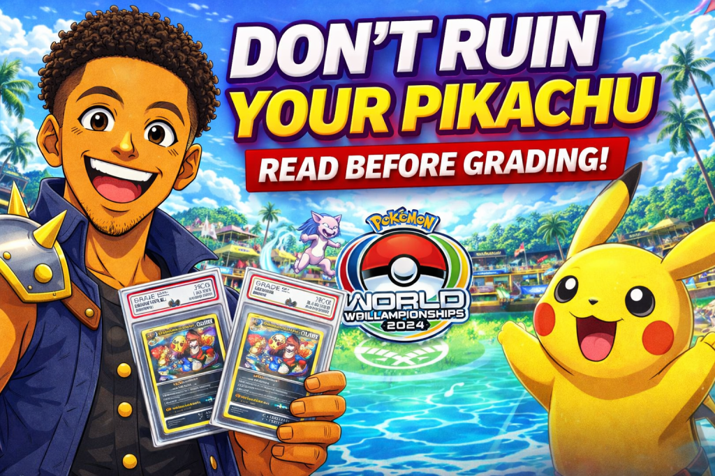 Anime style thumbnail showing Pikachu Worlds 2024 card with collector holding graded cards in Honolulu championship setting