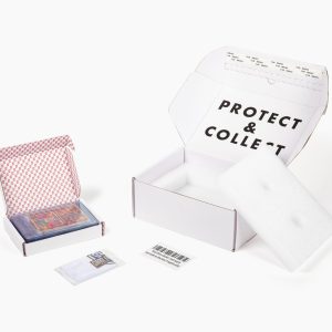 Card grading submission kit with shipping box, Card Armor box, sleeved cards, microfiber cloth, and barcode sticker