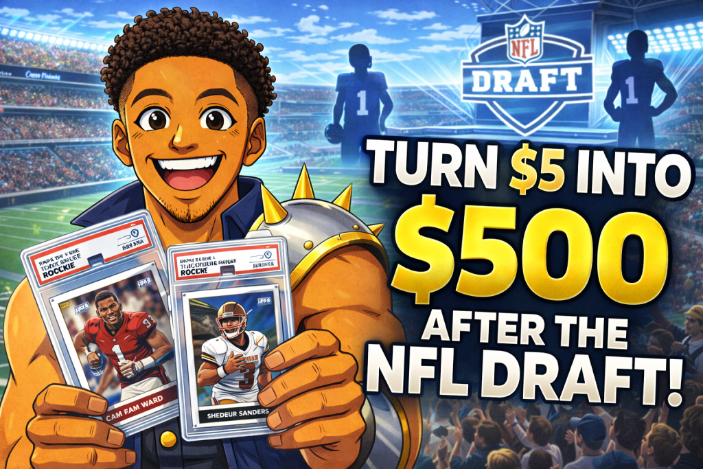 NFL Draft card grading thumbnail showing anime collector holding graded rookie cards with $5 to $500 growth concept
