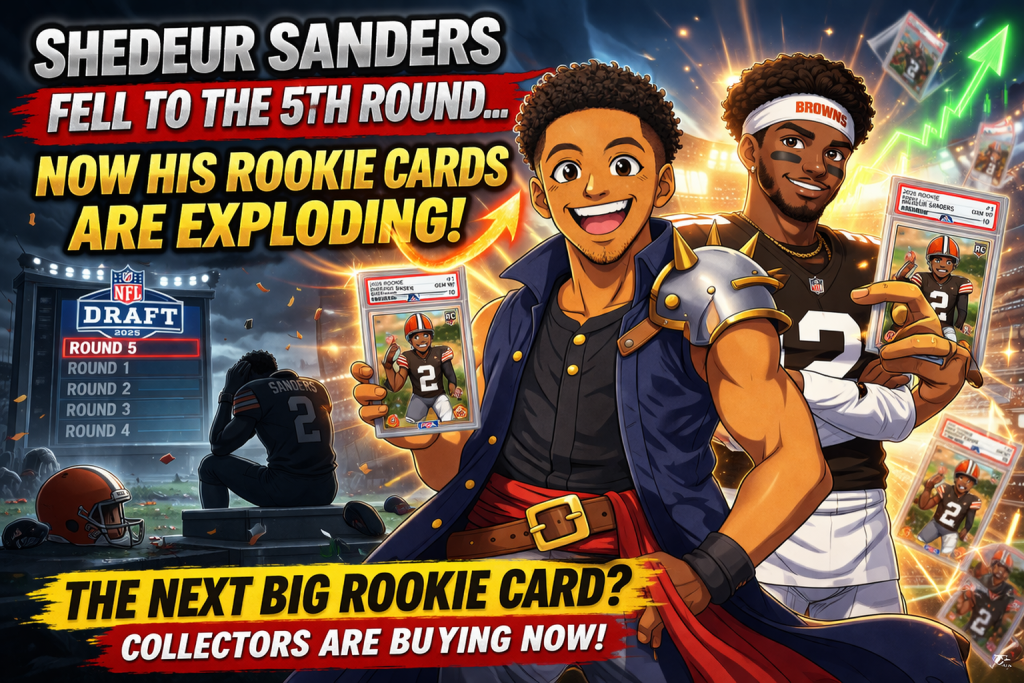 Anime-style thumbnail showing Shedeur Sanders rookie cards rising in value after draft fall with collector holding graded cards