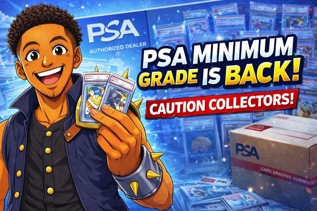 PSA minimum grade thumbnail showing smiling collector holding graded cards with PSA submission box and bold update text