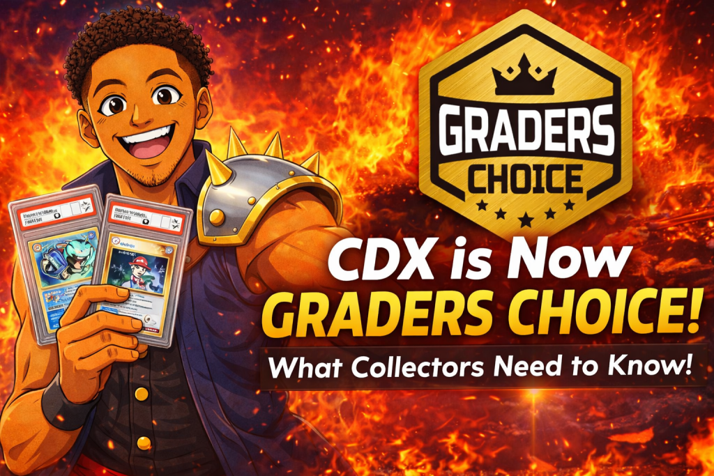 Anime-style collector holding graded cards during the Graders Choice rebrand announcement with logo and bold text