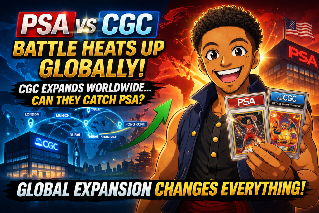 PSA vs CGC grading thumbnail showing a collector holding graded cards with global expansion background and bold comparison text