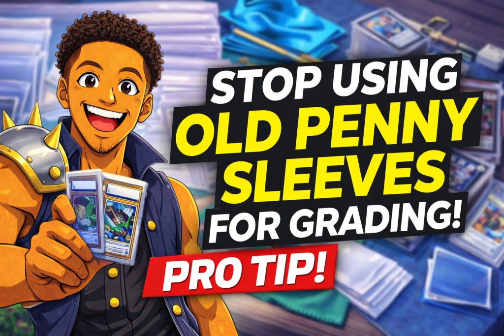 Best penny sleeves grading tip showing anime collector holding graded cards with warning to stop using old sleeves