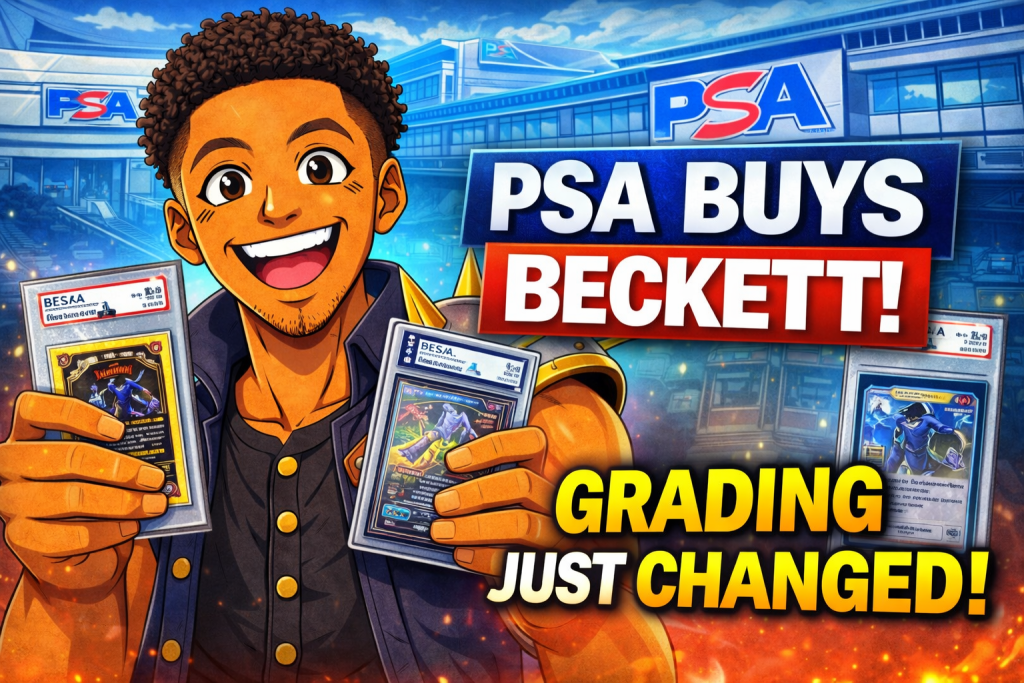 Anime collector holding graded cards during PSA Beckett acquisition news with grading industry change text