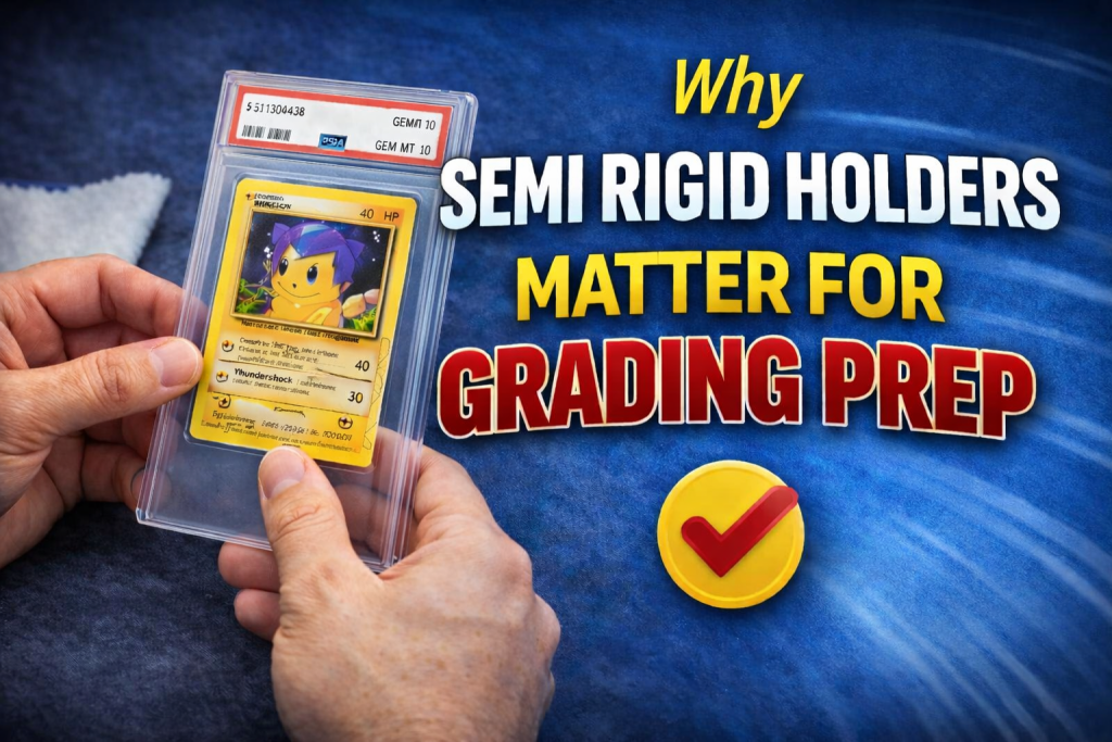 Hands holding a PSA-graded Pikachu card in a semi rigid holder next to bold text about card grading prep