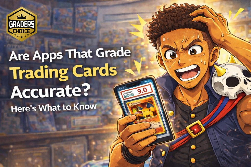 Anime-style blog thumbnail showing a frustrated collector reacting to a card grading app on their phone.