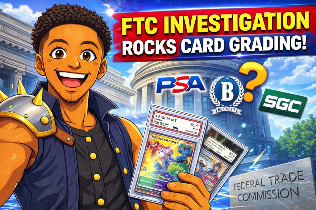 Collectors Holdings FTC Investigation thumbnail showing anime collector holding graded cards with FTC building and PSA SGC Beckett logos