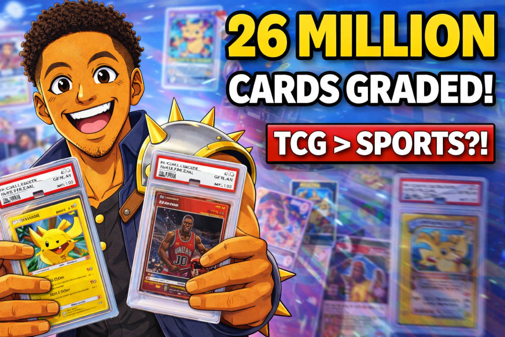 2025 card grading statistics thumbnail showing anime collector holding graded Pokemon and sports cards with bold text about 26 million cards graded