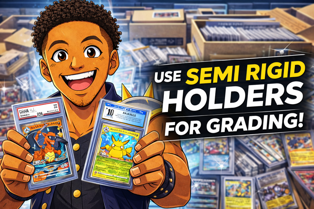 Anime collector holding graded cards demonstrating semi rigid holders grading for safer card submissions