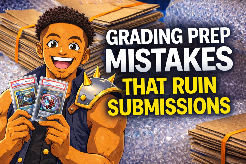 Anime collector holding graded cards showing grading prep mistakes with bubble wrap cardboard and rubber bands