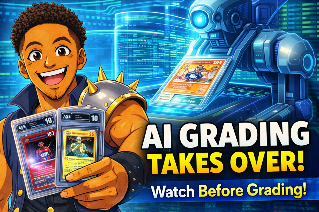 AGS card grading AI system scanning trading cards with collector holding graded cards in futuristic scene