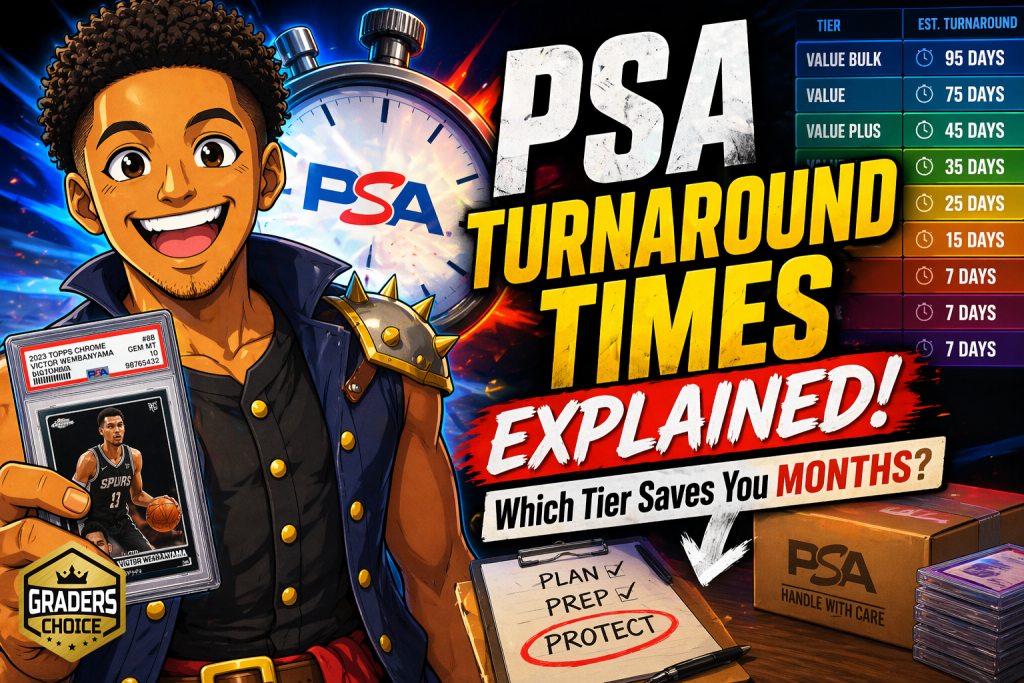PSA turnaround times thumbnail showing animated collector holding graded card with tier chart and stopwatch illustrating grading wait times