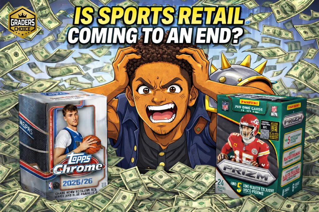 Anime style sports card collector frustrated with rising retail prices and overprinted card boxes