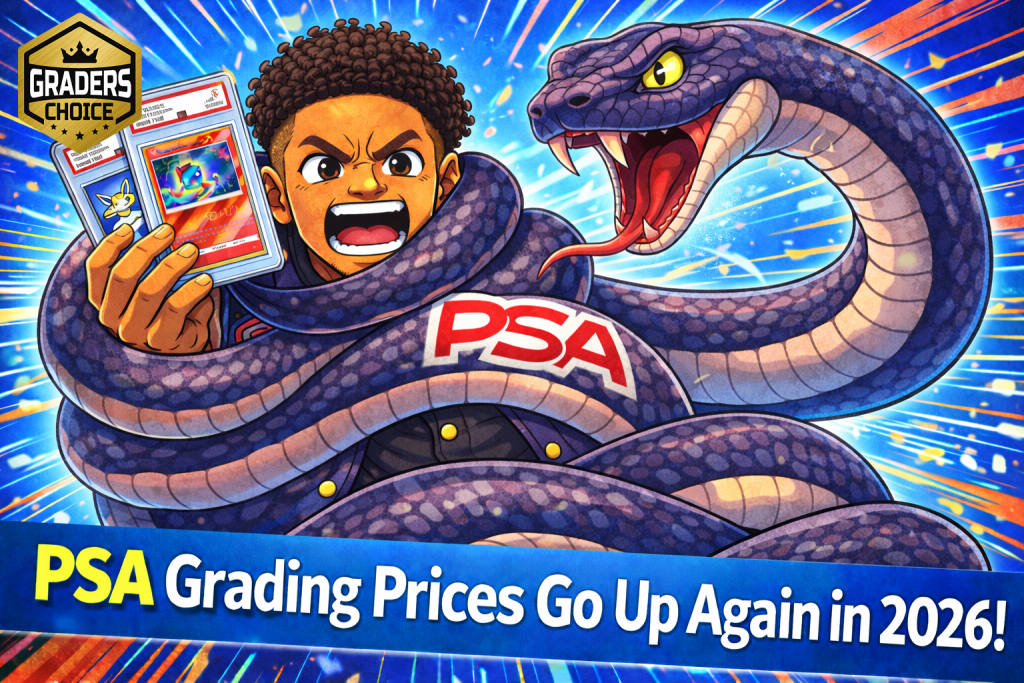 Anime-style collector wrapped by a PSA snake, holding PSA slabs, symbolizing rising PSA grading prices in 2026