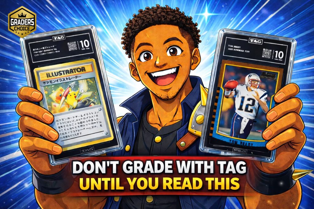 TAG grading review thumbnail showing anime style collector holding two TAG graded slabs including Pokemon Illustrator and Tom Brady cards