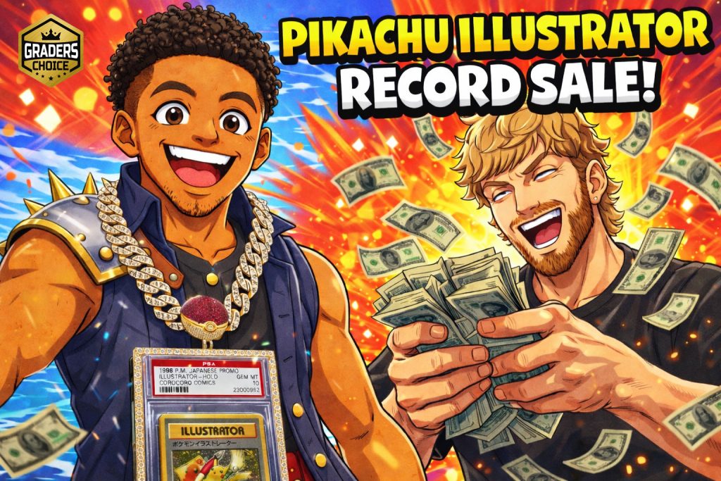 Anime style thumbnail of Logan Paul counting cash next to young Black collector wearing diamond Pikachu Illustrator PSA 10 chain