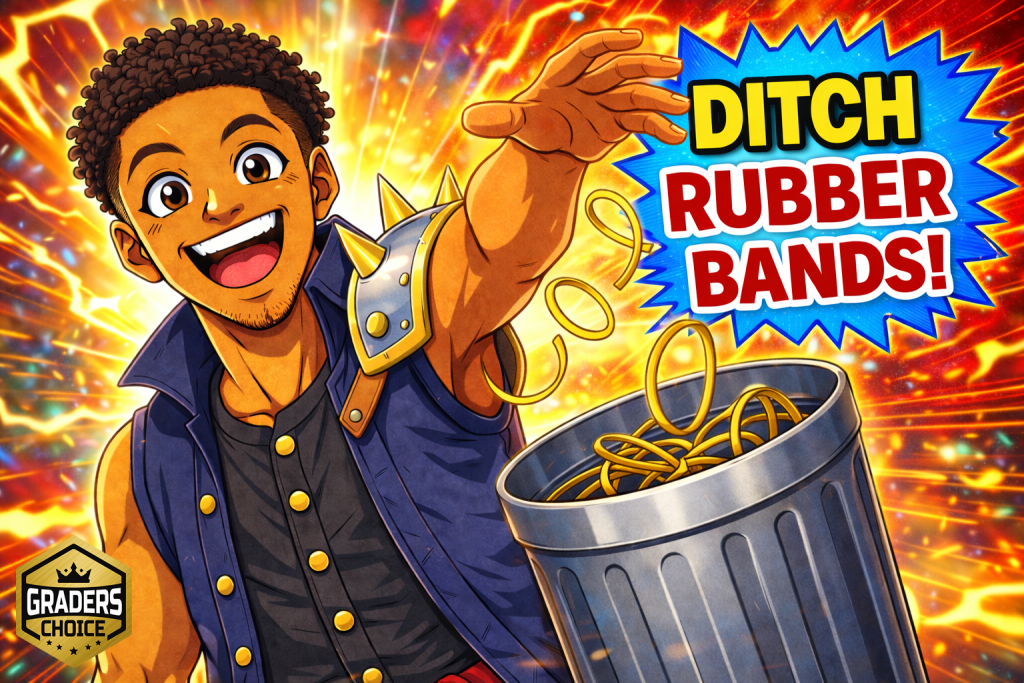Happy collector throwing away rubber bands used for card grading submissions