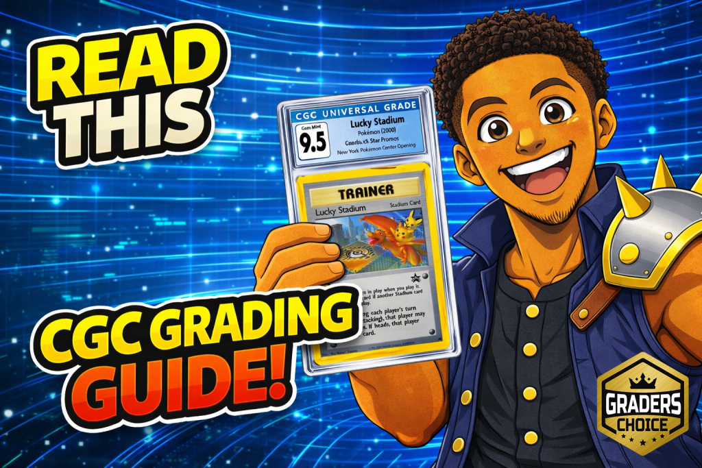 CGC card grading guide thumbnail with anime collector holding CGC graded Lucky Stadium Pokémon card