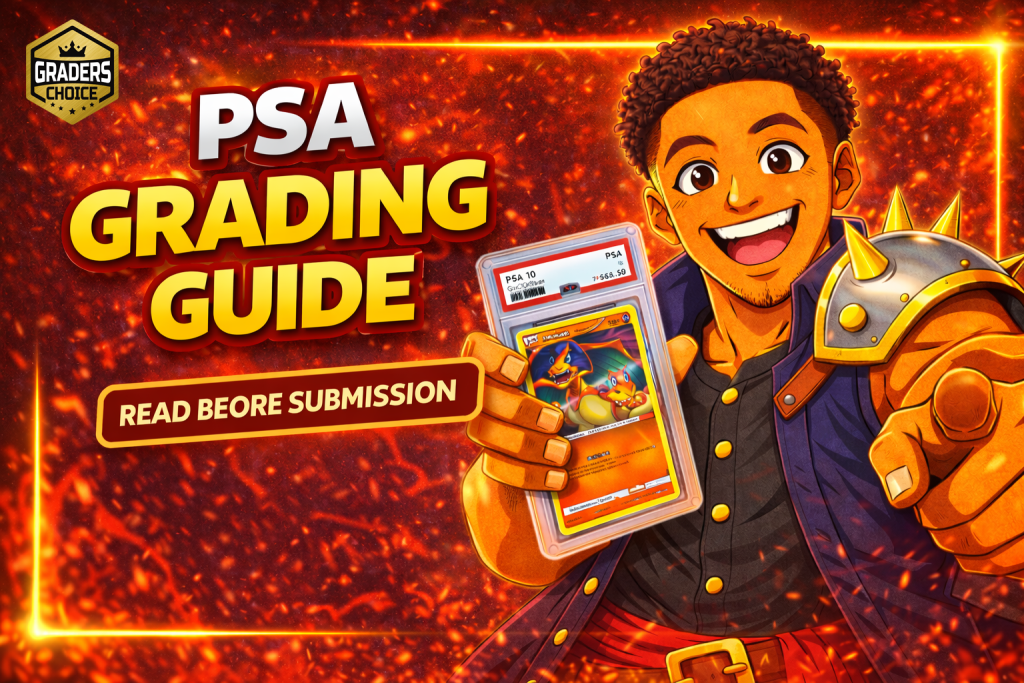 PSA card grading guide thumbnail with Read Before Submission text and illustrated collector character