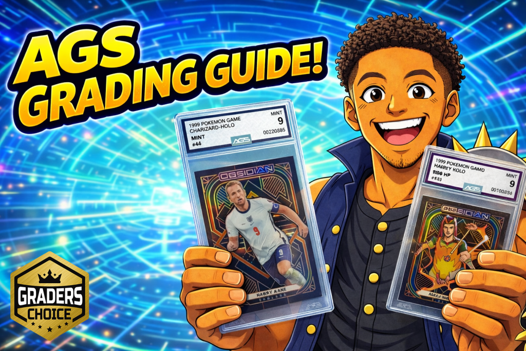 AGS card grading guide thumbnail with anime collector holding AGS graded Pokemon Charizard and soccer cards