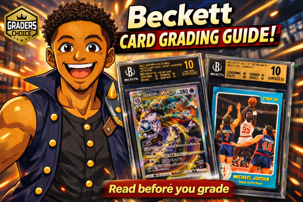 Beckett card grading guide thumbnail with anime collector character and BGS graded Mewtwo and Michael Jordan slabs
