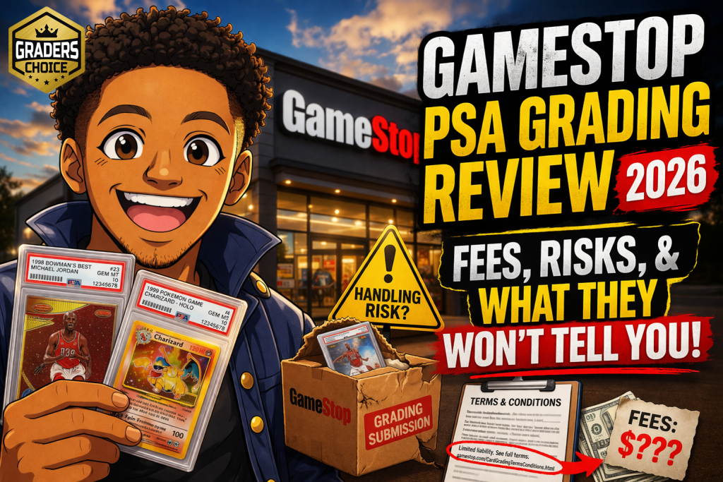 GameStop PSA grading thumbnail showing collector holding graded cards with warning signs about fees and risks in 2026 review
