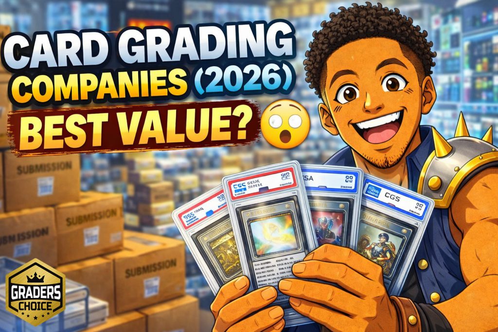 Anime character holding graded cards with card grading companies 2026 best value comparison text
