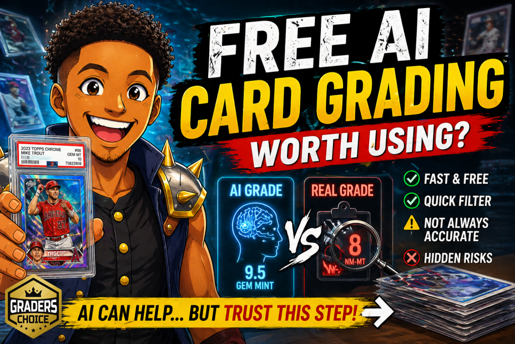 Free AI card grading thumbnail showing anime-style collector comparing AI grade vs real grade with graded card and bold text