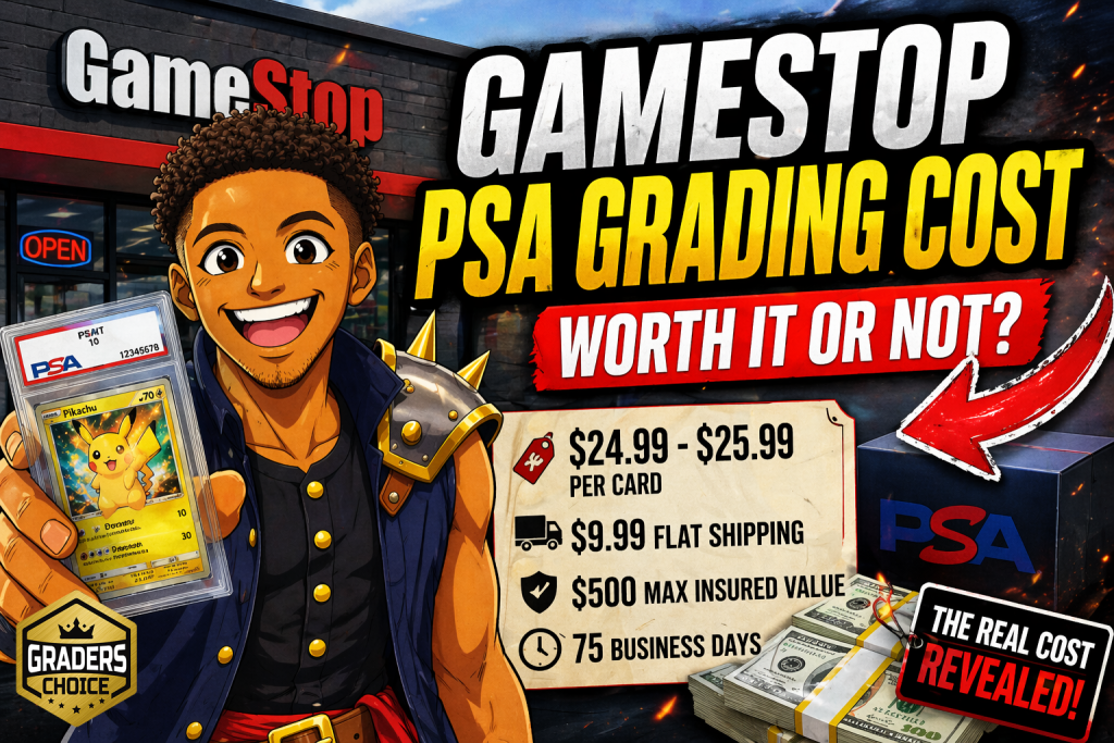 GameStop PSA grading cost explained with animated collector holding PSA card in front of GameStop showing pricing and fees