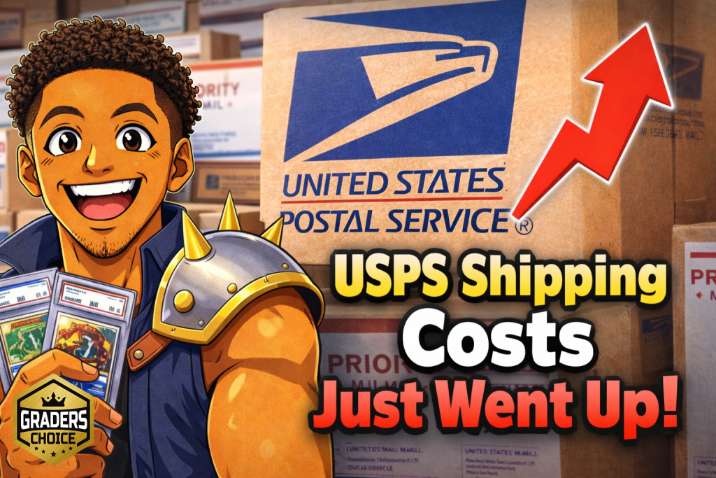 USPS shipping cost increase thumbnail showing collector holding graded cards with rising shipping prices