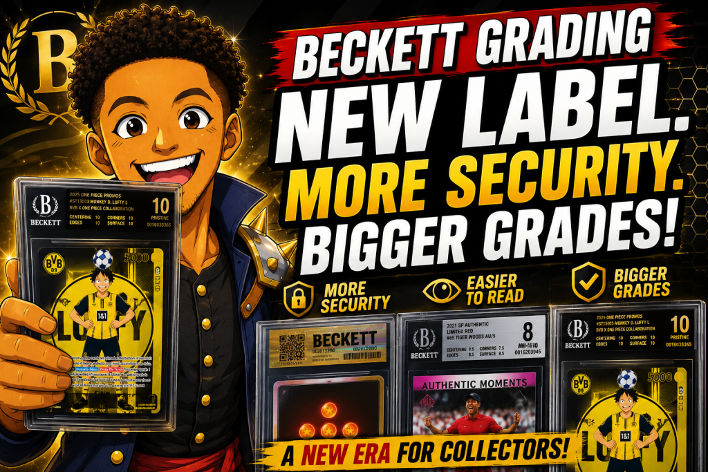 Beckett Grading thumbnail showing anime-style collector holding graded cards beside new Beckett Grading label redesign and security features