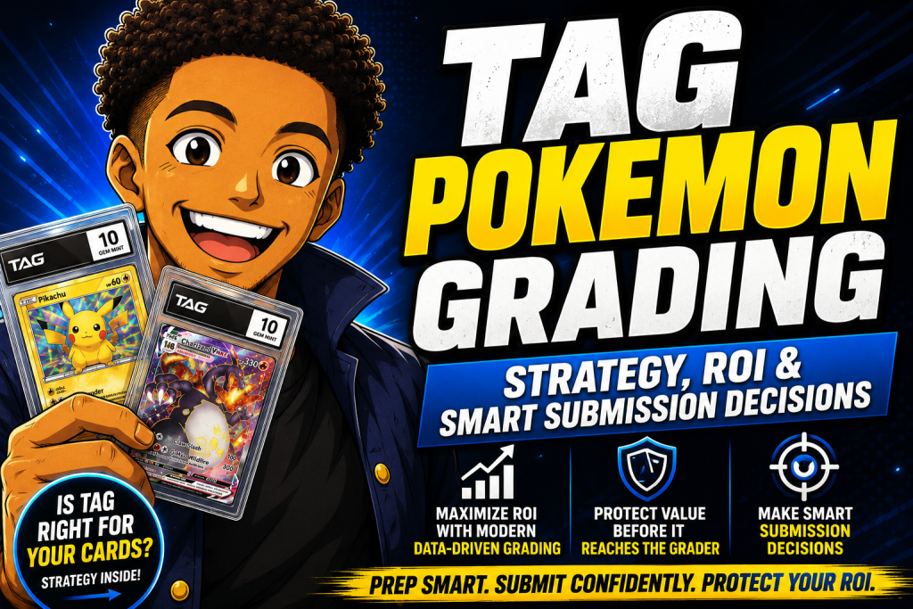 Tag pokemon grading vs PSA thumbnail featuring smiling collector holding graded Pokemon cards and comparing modern grading options